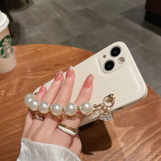 Étui en cuir avec bracelet chaîne de perles