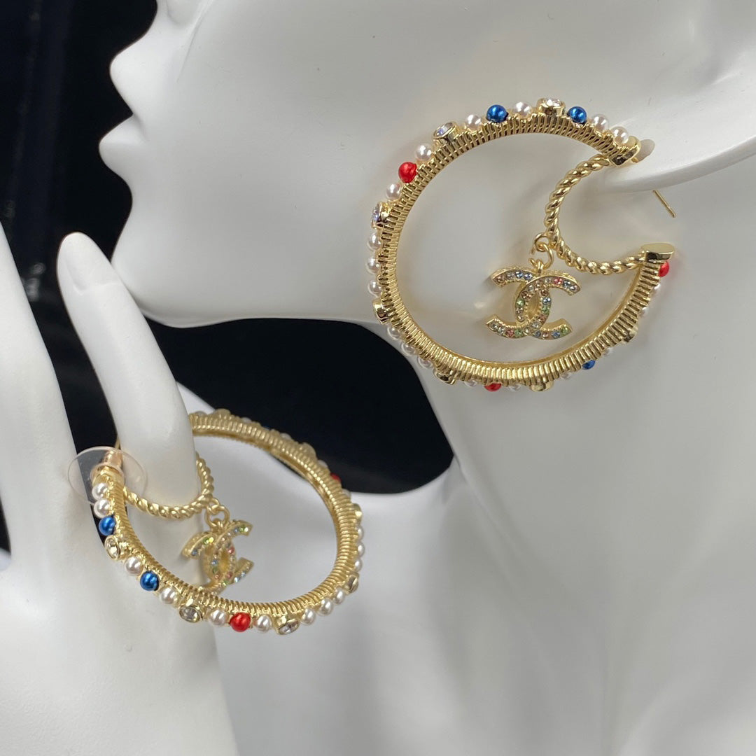 Pendientes de Aro Grandes con Perlas de Colores
