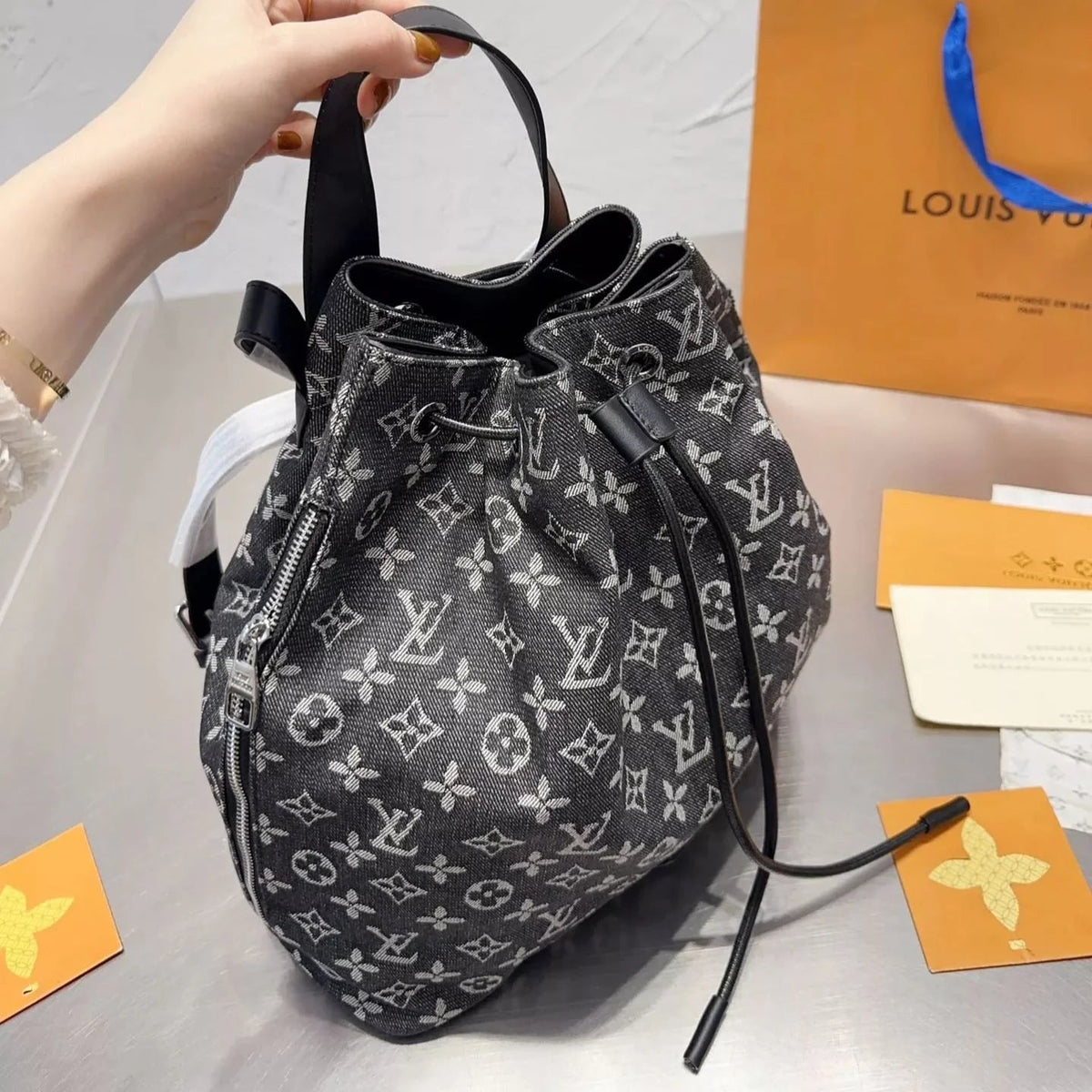 Monogram Denim Drawstring Backpack