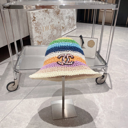 Sombrero de cubo de paja colorblock arcoíris para vacaciones
