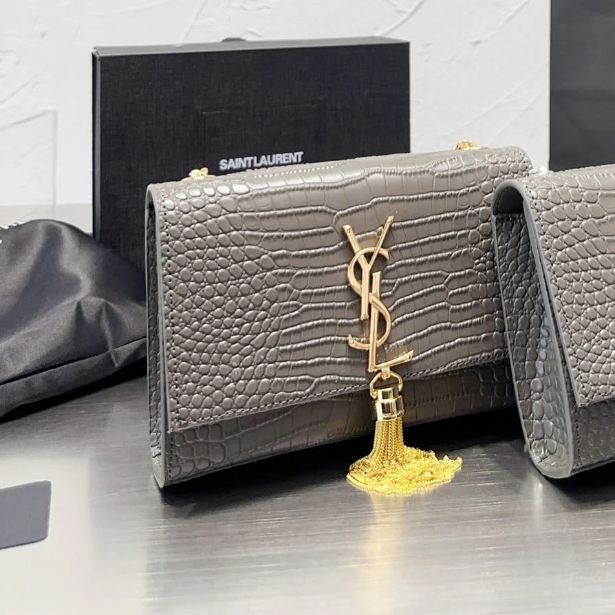 KATE Small Tassel Chain Bag in Croc-embossed shiny leather