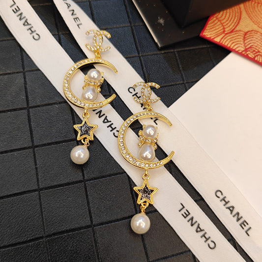 Boucles d'oreilles pendantes Chat Lune Étoile