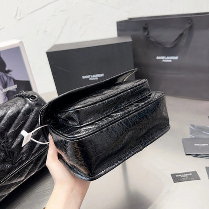 Crinkled Glossed-Leather Shoulder Bag