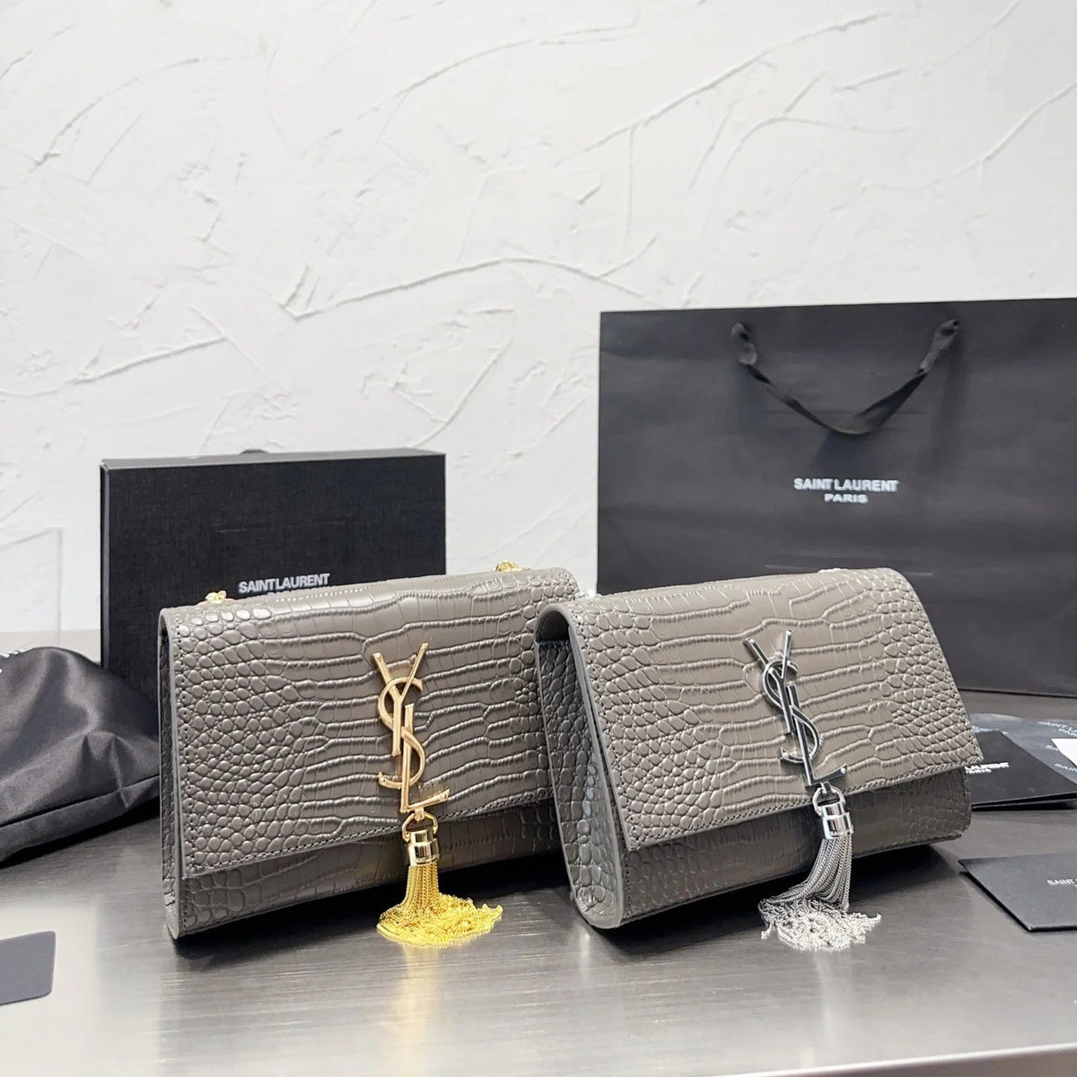 KATE Small Tassel Chain Bag in Croc-embossed shiny leather