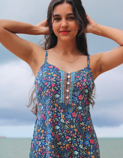 Midnight Wild Flower Robe Courte à Bretelles Fines