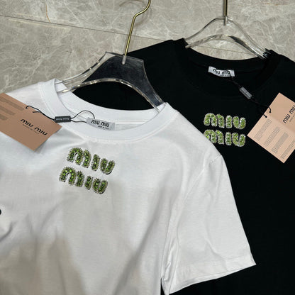 T-shirt Lettre Strass Vert