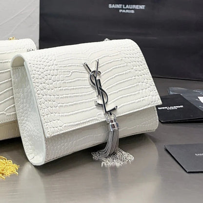 KATE Small Tassel Chain Bag in Croc-embossed shiny leather