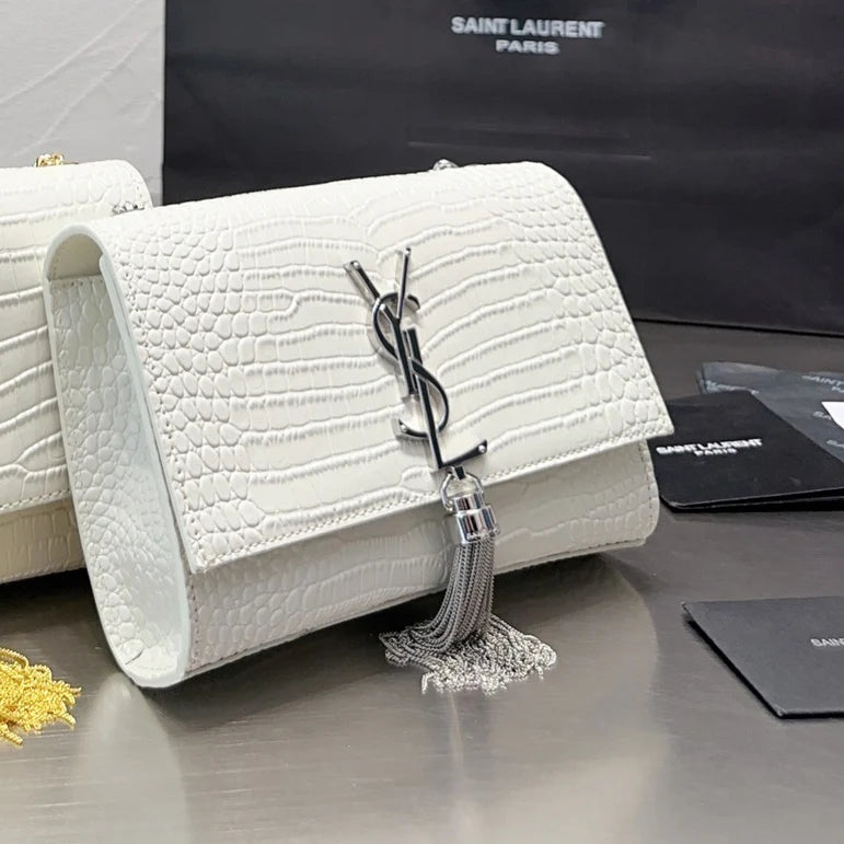 KATE Small Tassel Chain Bag in Croc-embossed shiny leather