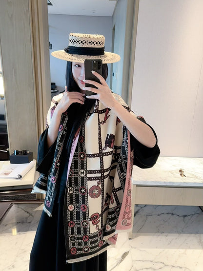 2026 New Plaid Chain Pattern Cashmere Scarf – Vintage French-Inspired Luxury