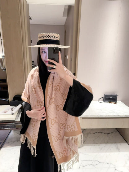 2026 New Chevron Wave Cashmere Scarf – Geometric Jacquard, Contrast Border, Vintage-Inspired Style