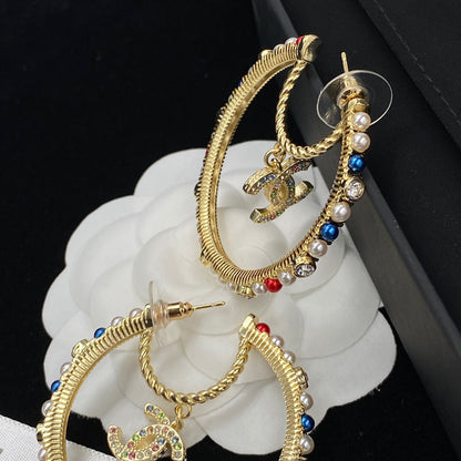 Pendientes de Aro Grandes con Perlas de Colores