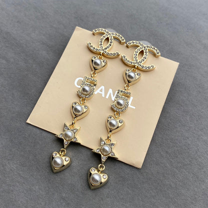 Pendientes Largos de Perlas con Elemento de Corazón y Estrella