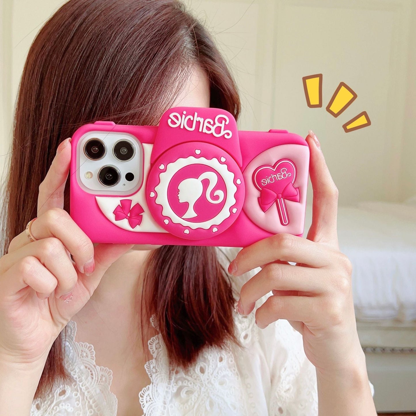 Preciosa funda de silicona rosa para cámara