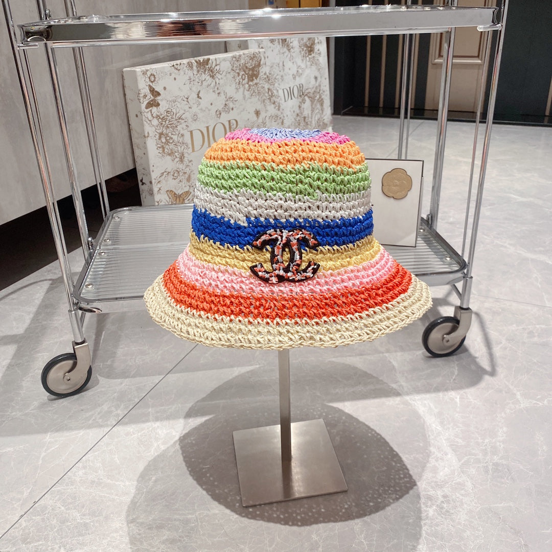 Sombrero de cubo de paja colorblock arcoíris para vacaciones