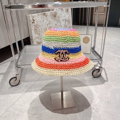 Sombrero de cubo de paja colorblock arcoíris para vacaciones