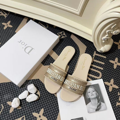 Letter Embroidered and Strass Flat Slides