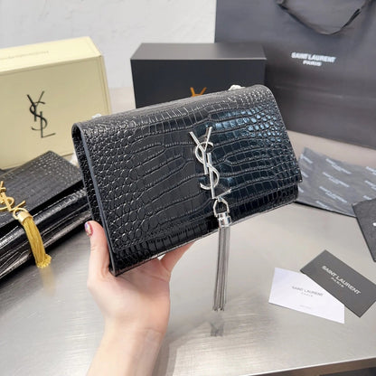 KATE Small Tassel Chain Bag in Croc-embossed shiny leather