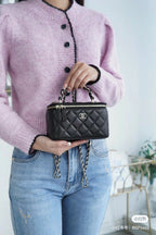 Black Quilted Mini Box Bag | Black & Gold 🖤