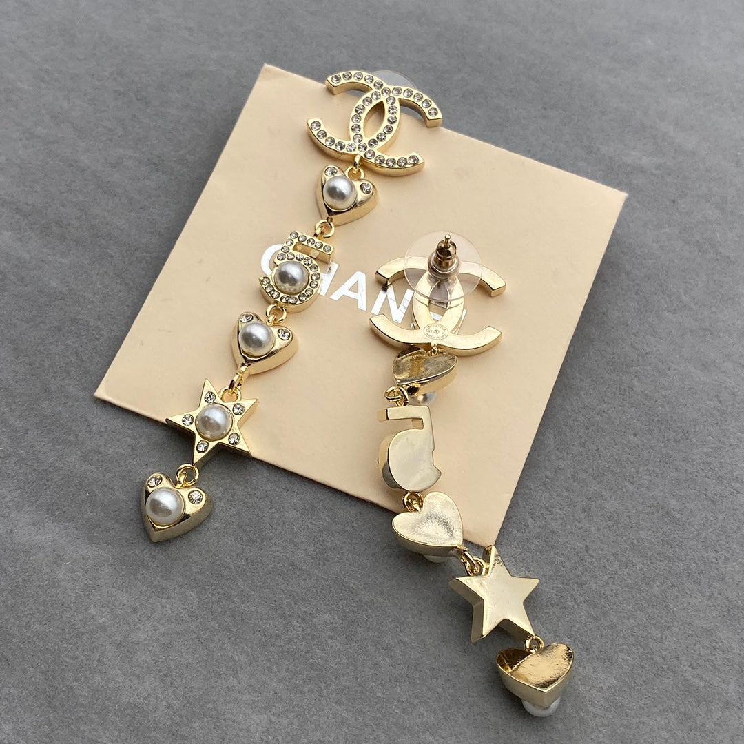 Pendientes Largos de Perlas con Elemento de Corazón y Estrella