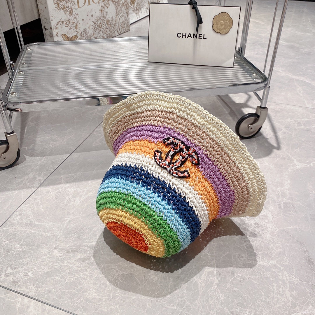 Sombrero de cubo de paja colorblock arcoíris para vacaciones