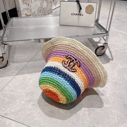 Sombrero de cubo de paja colorblock arcoíris para vacaciones