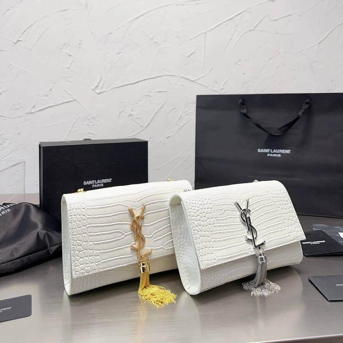 KATE Small Tassel Chain Bag in Croc-embossed shiny leather