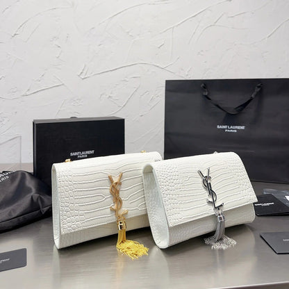 KATE Small Tassel Chain Bag in Croc-embossed shiny leather