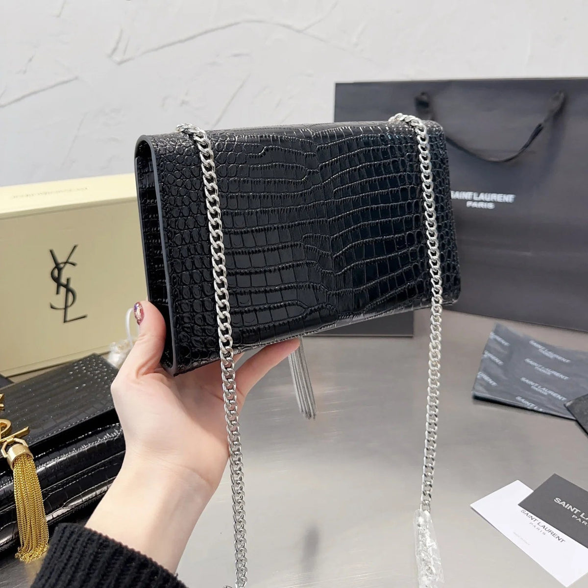 KATE Small Tassel Chain Bag in Croc-embossed shiny leather