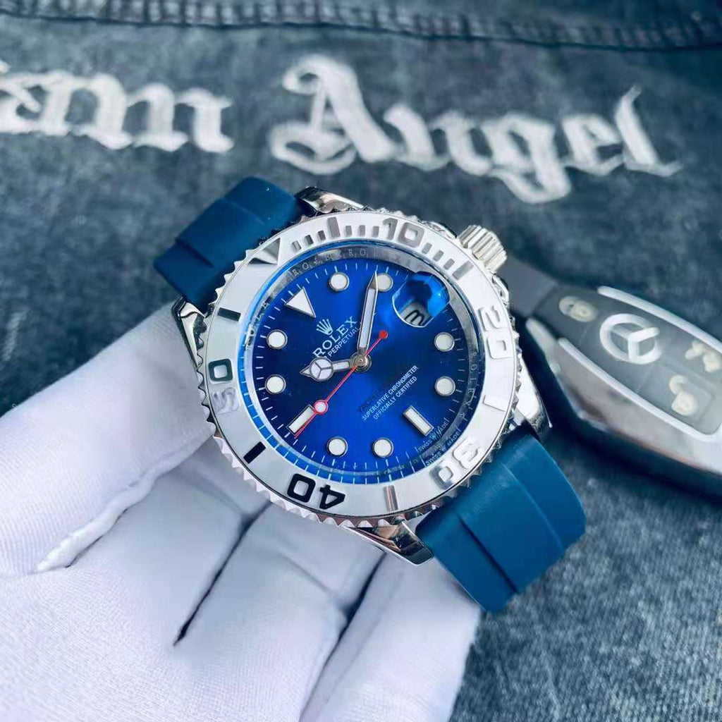 Luxury Blue Dial Automatic Mechanical Watch – Stainless Steel Case, Silver Bezel & Blue Strap