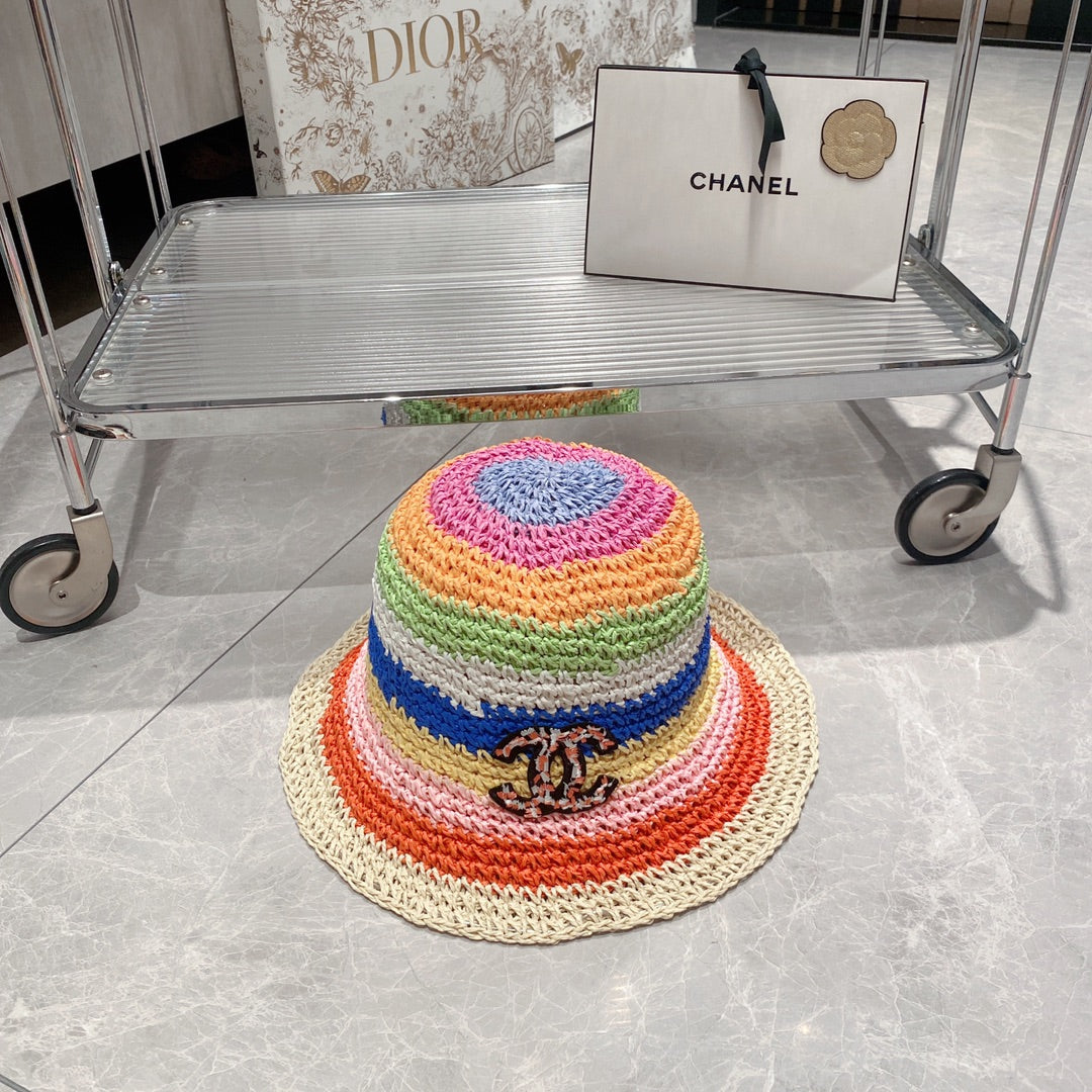 Sombrero de cubo de paja colorblock arcoíris para vacaciones