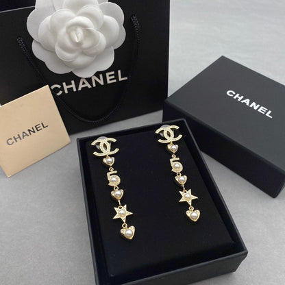 Pendientes Largos de Perlas con Elemento de Corazón y Estrella