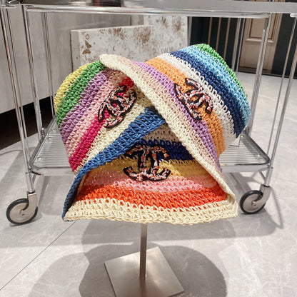 Sombrero de cubo de paja colorblock arcoíris para vacaciones