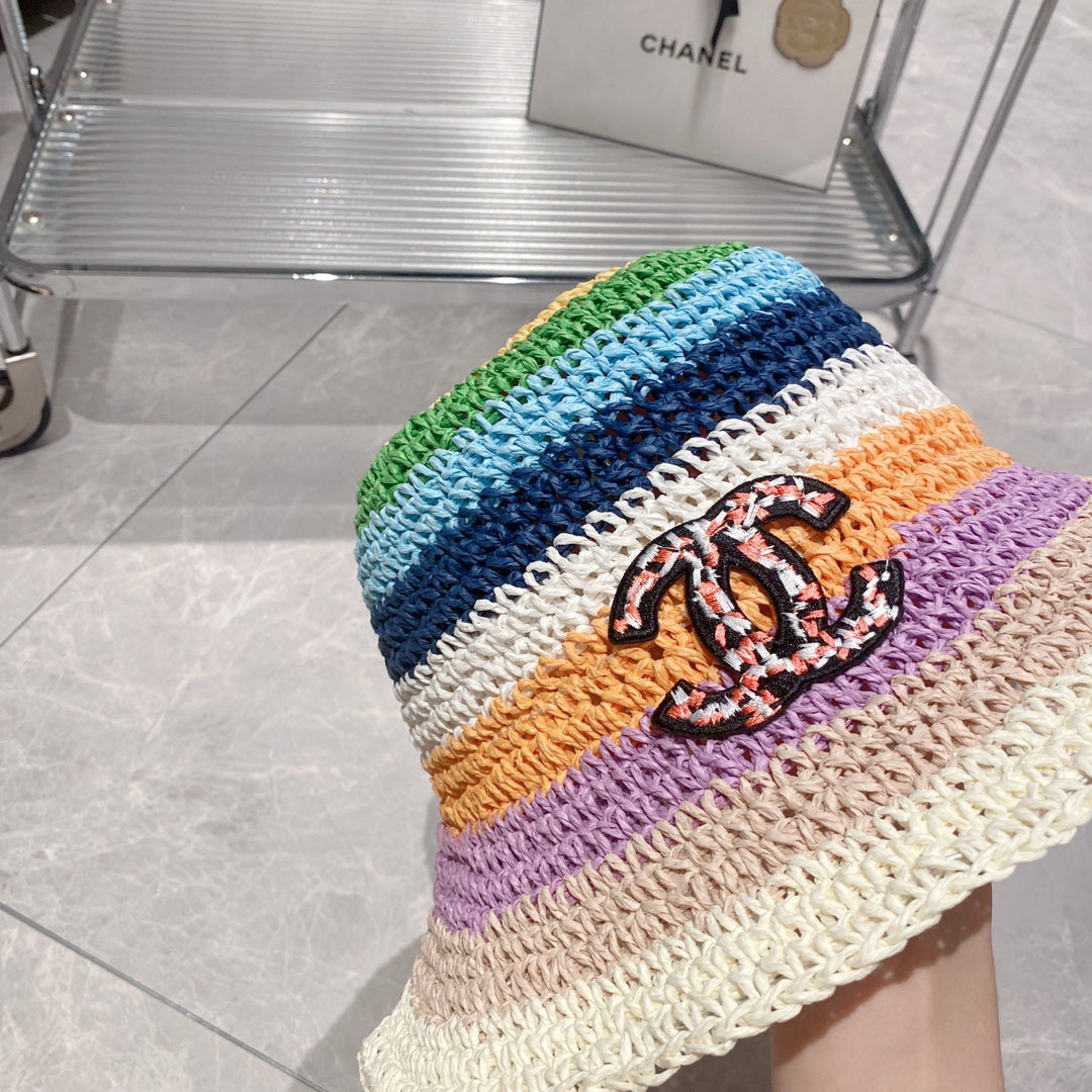 Sombrero de cubo de paja colorblock arcoíris para vacaciones