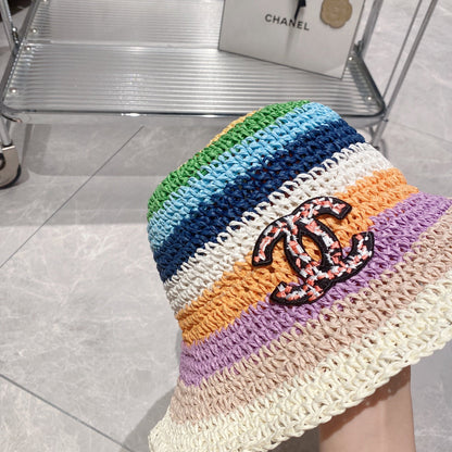 Sombrero de cubo de paja colorblock arcoíris para vacaciones