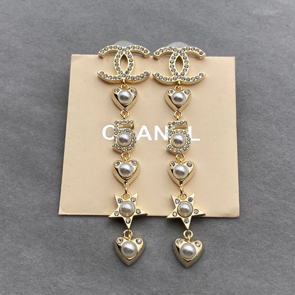 Pendientes Largos de Perlas con Elemento de Corazón y Estrella