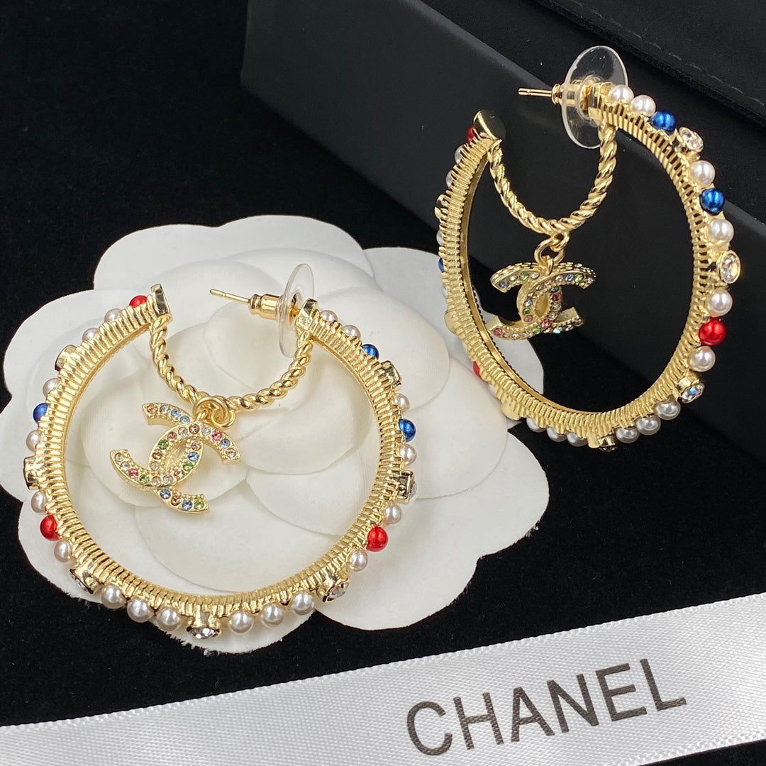 Pendientes de Aro Grandes con Perlas de Colores