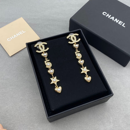 Pendientes Largos de Perlas con Elemento de Corazón y Estrella