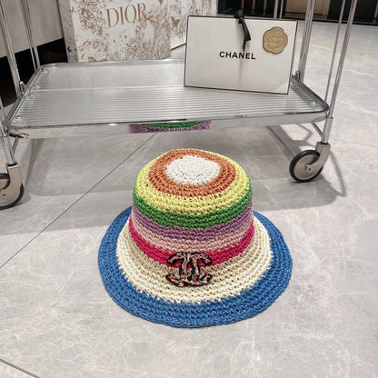 Sombrero de cubo de paja colorblock arcoíris para vacaciones