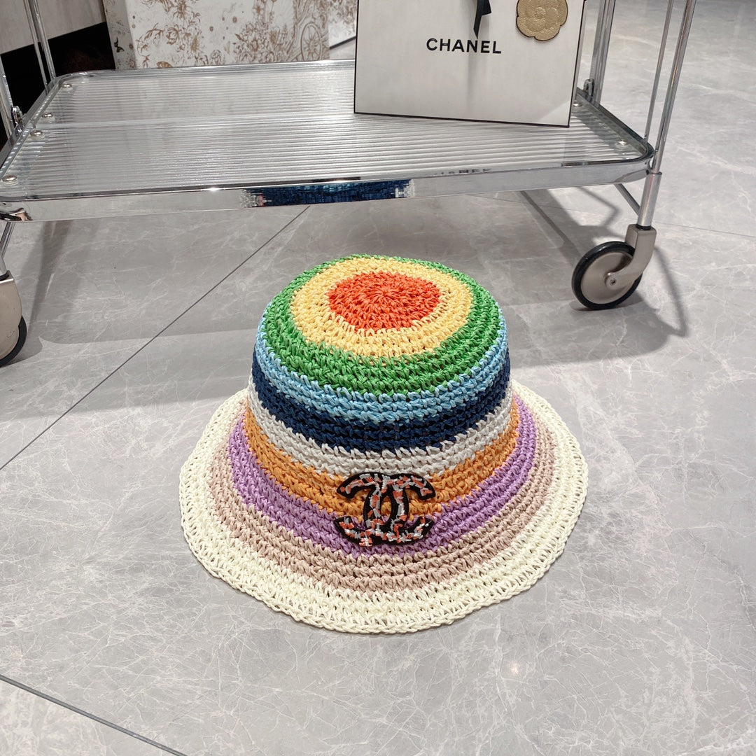 Sombrero de cubo de paja colorblock arcoíris para vacaciones