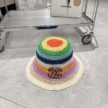 Sombrero de cubo de paja colorblock arcoíris para vacaciones