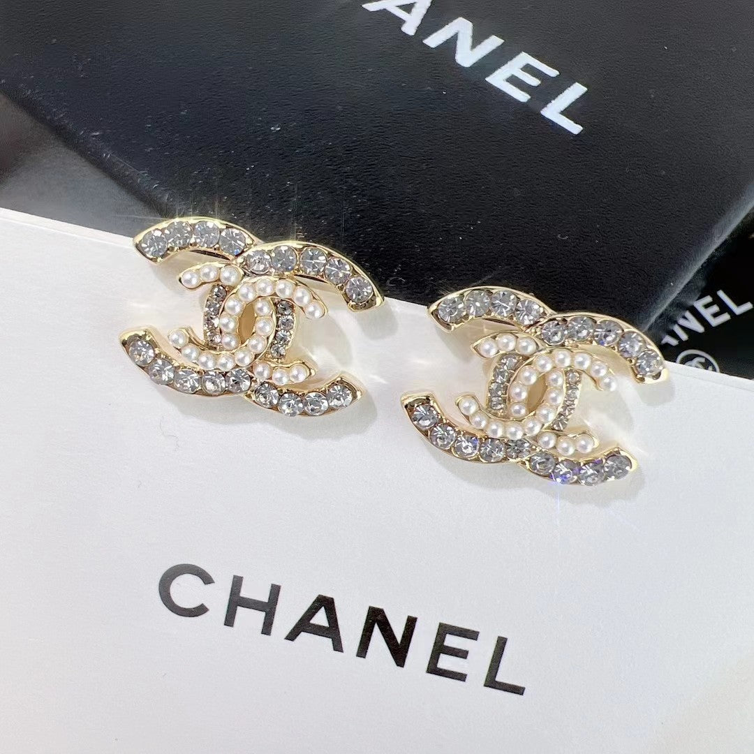 Boucles d'oreilles doubles perles et cristaux, style mode
