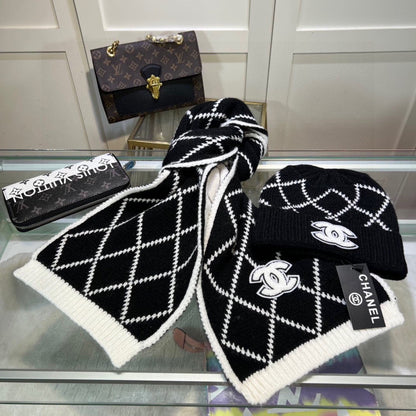 Ensemble classique bonnet et écharpe en laine à motif losanges