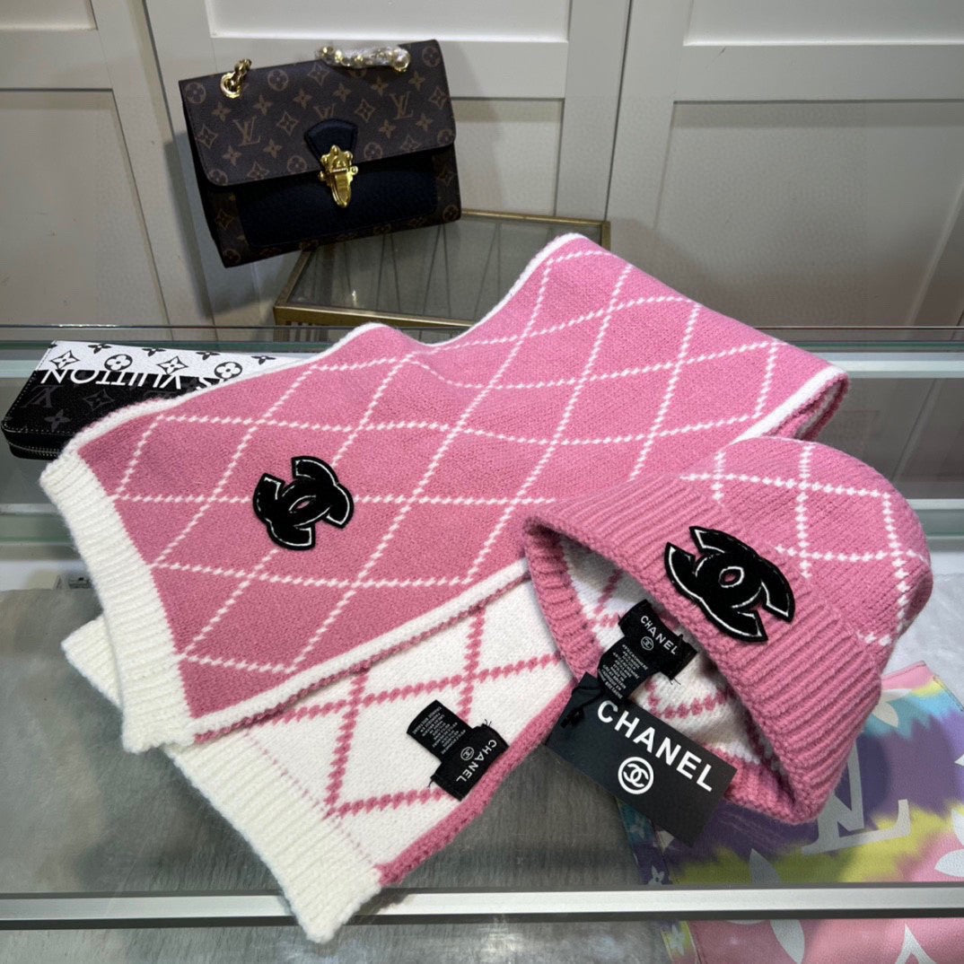 Ensemble classique bonnet et écharpe en laine à motif losanges