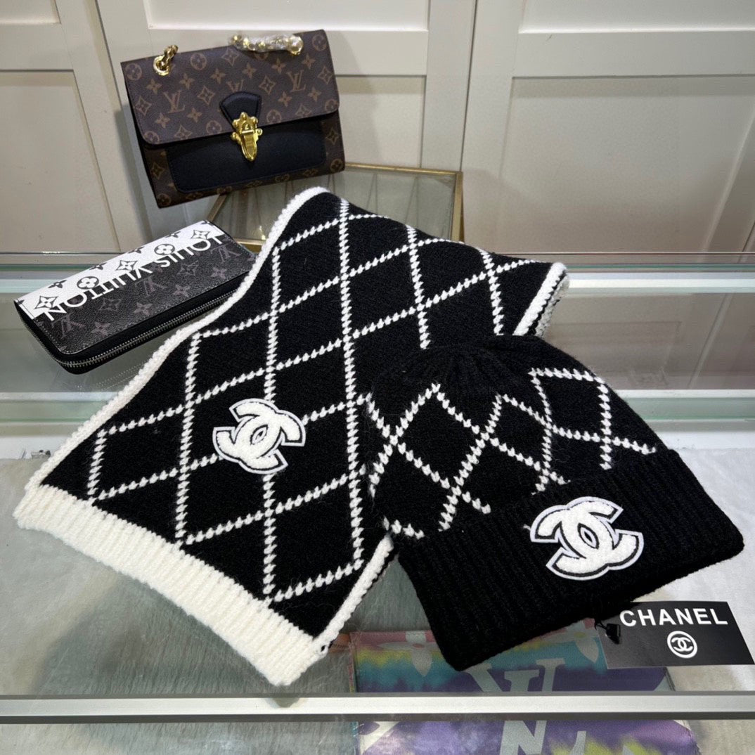 Ensemble classique bonnet et écharpe en laine à motif losanges