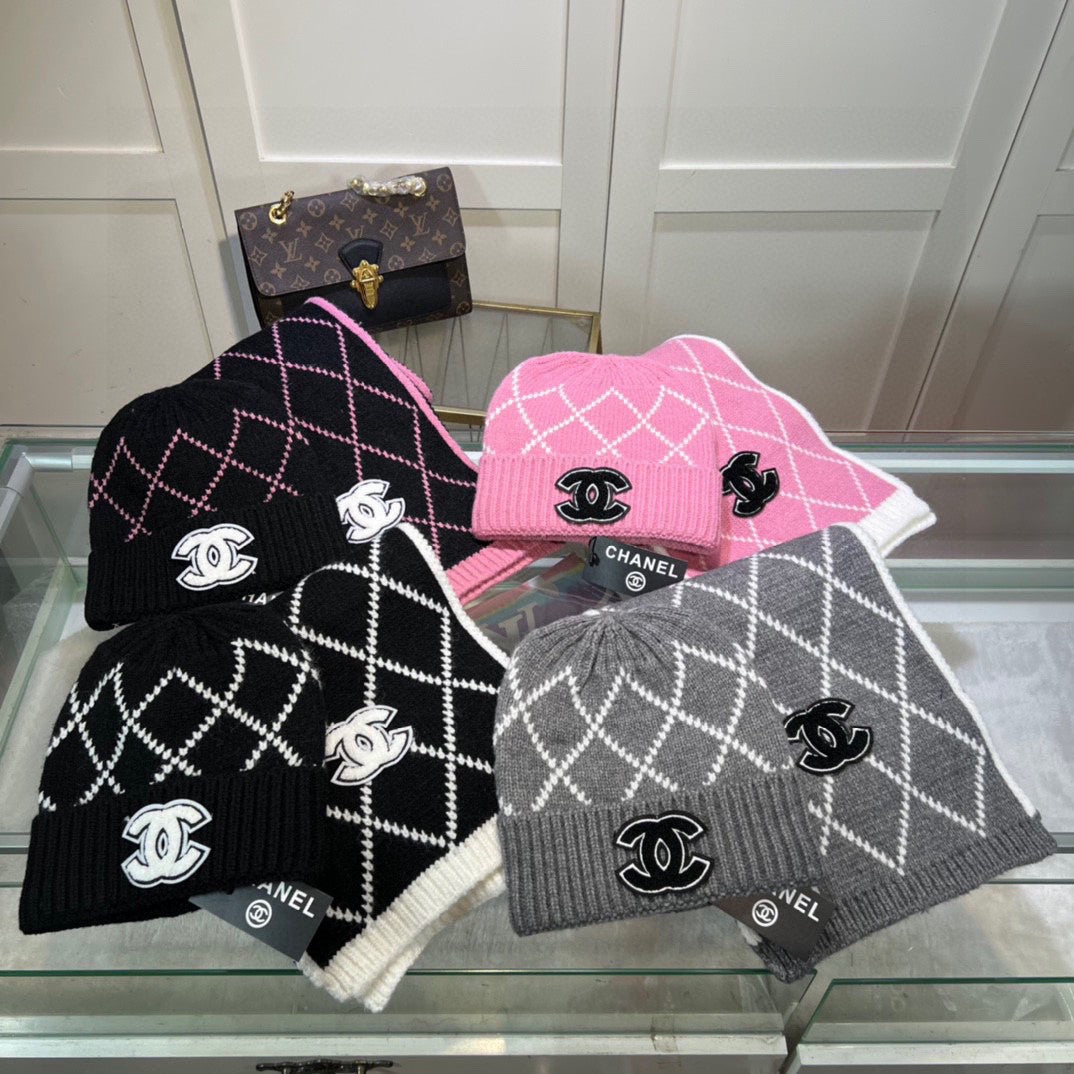 Ensemble classique bonnet et écharpe en laine à motif losanges