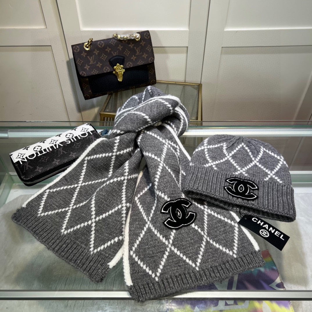 Ensemble classique bonnet et écharpe en laine à motif losanges