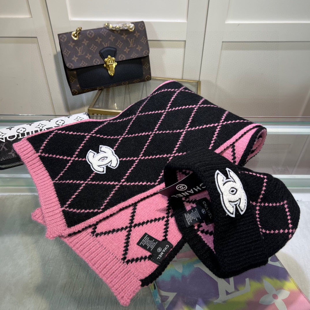 Ensemble classique bonnet et écharpe en laine à motif losanges
