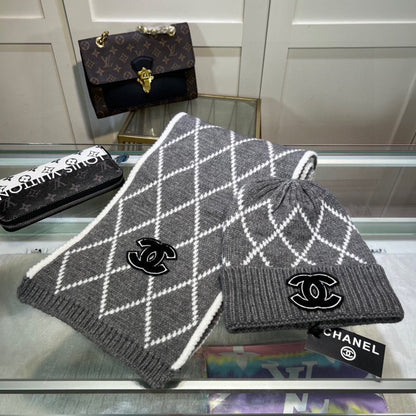 Ensemble classique bonnet et écharpe en laine à motif losanges