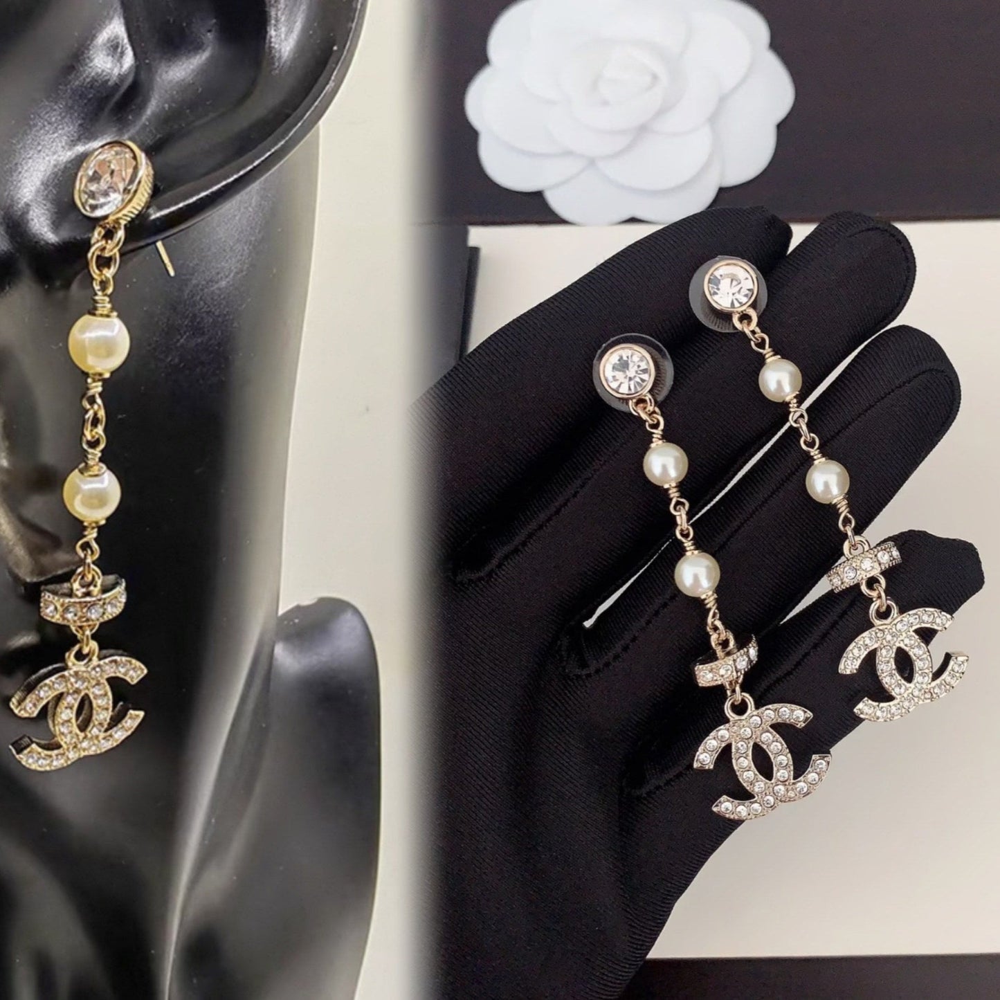 Boucles d'oreilles pendantes longues Perle de Cristal