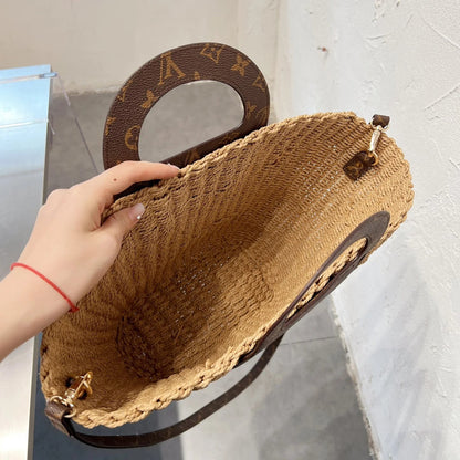 Leather-paneled Woven Straw Bag